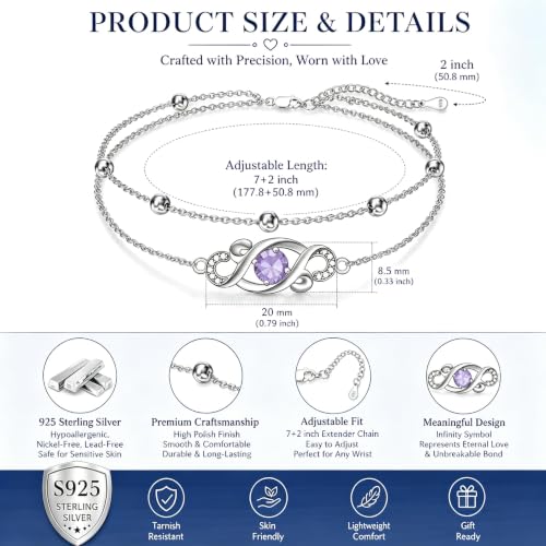 Dorunmo Birthstone Infinity Love Bracelet for Women 925 Sterling Silver Sparkling Gemstone Double Layered Adjustable Bracelets Birthday Jewelry Gifts for Mom Women - color: 06-Light Violet