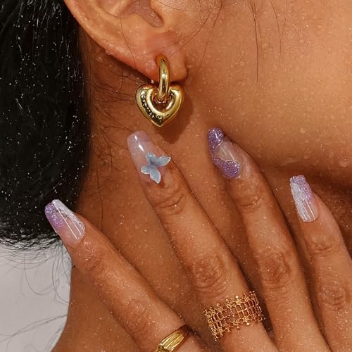 18K Gold Plated Huggie Hoop Earrings for Women, Waterproof Stainless Steel Celestial Moon Star Heart Charm Chunky Everyday Earrings - style: Chunky Heart