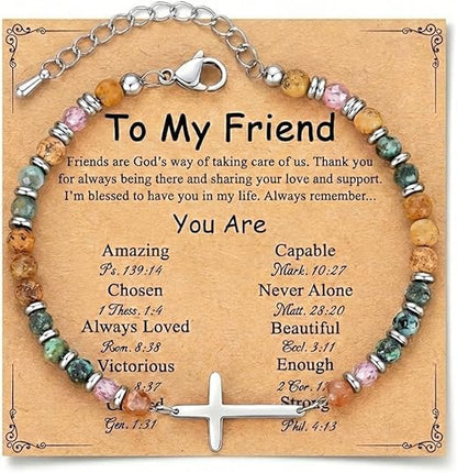 Natural Stone Beaded Bracelet for Women with Wave/Cross Charm - Stainless Steel Adjustable Resilience & Faith Jewelry, Earthy Boho Gift for Her - color: Silver-Cross