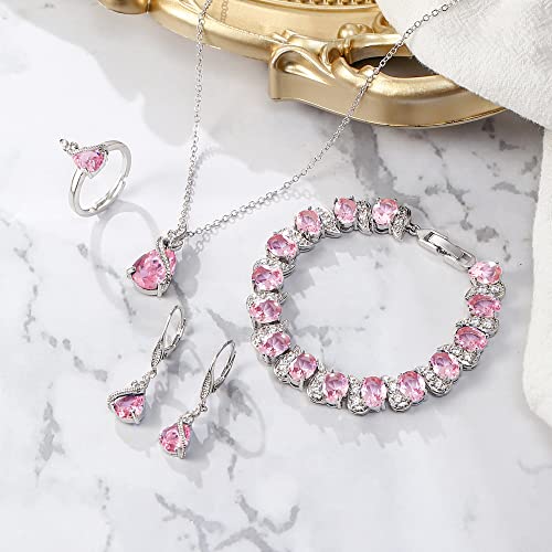 Jewelry Set for Bride, Sparkling Water Drop Cubic Zirconia Crystal Pendant Necklace Leverback Earrings Tennis Bracelet Adjustable Ring Gift for Wedding/Birthday/Mother's Day/Christmas - color: 03-Pink Silver-Tone