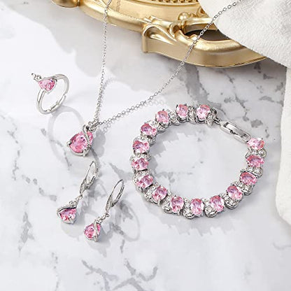 Jewelry Set for Bride, Sparkling Water Drop Cubic Zirconia Crystal Pendant Necklace Leverback Earrings Tennis Bracelet Adjustable Ring Gift for Wedding/Birthday/Mother's Day/Christmas - color: 03-Pink Silver-Tone