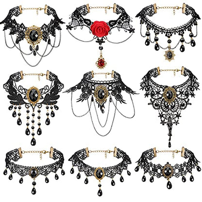 MTLEE 9 Pcs Black Choker Necklace for Women Gothic Jewelry Set Lady Lace Choker Collar with Pendant Elegant Retro Punk Necklaces for Wedding Victorian Costume Party Steampunk Vampire Cosplay Gifts