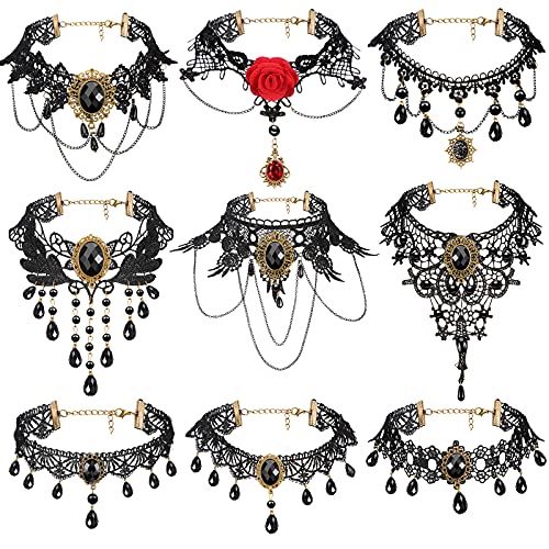 MTLEE 9 Pcs Black Choker Necklace for Women Gothic Jewelry Set Lady Lace Choker Collar with Pendant Elegant Retro Punk Necklaces for Wedding Victorian Costume Party Steampunk Vampire Cosplay Gifts