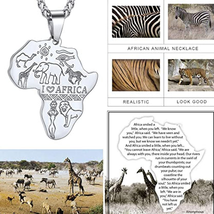GOLDCHIC JEWELRY Africa Map Necklace for Men, Stainless Steel African Tribal/Egyptian Eye of Horus/I LOVE AFRICA/Elephant Map Hiphop Jewelry Unisex with 22'+2'Adjustable Chain - color: Animals - Stainless Steel, style: No Customization
