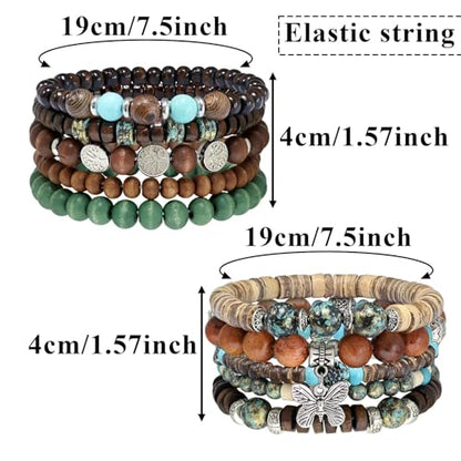 10 Pcs Stackable Bohemian Beaded Bracelets for Women Men, Nature Tree Butterfly Turquoise Wooden Beads Stretch Boho Bracelets Handmade Boho Hippie Western Chic Earthy Jewelry Gift - color: Green Beads