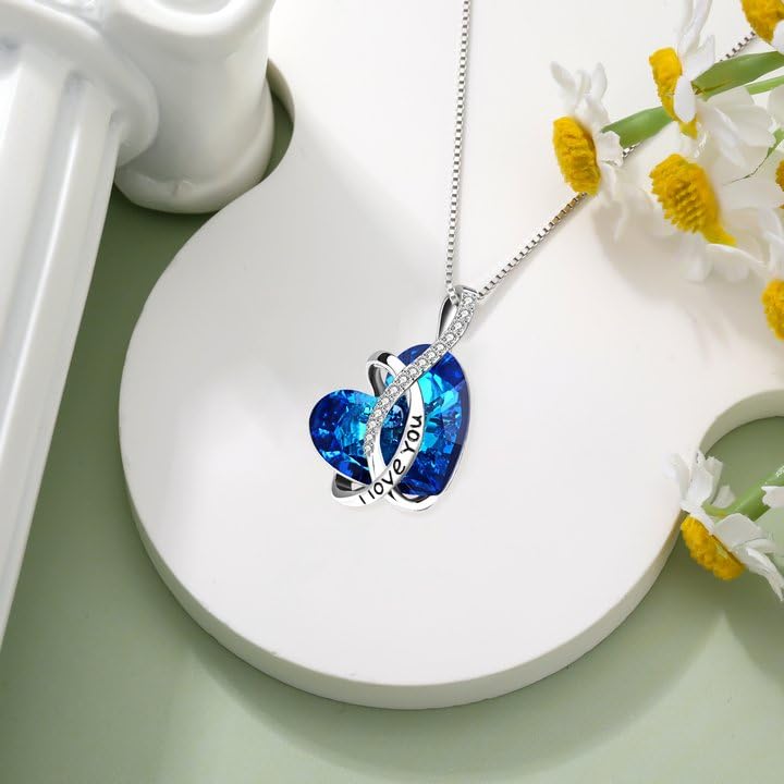 AOBOCO I Love You Sterling Silver 12 Birthstone Heart Pendant Necklace Embellished with Crystals from Austria, Mother's Day Anniversary Birthday Jewelry Christmas Gifts for Women Grandma Nana - color: Blue