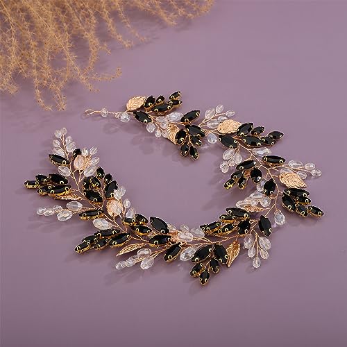 Kercisbeauty Gold Leaves Black Crystal Beads Headpiece for Women Wedding Bridal Hair Bands Boho Handmade Headband Prom (Gold) - color: Gold