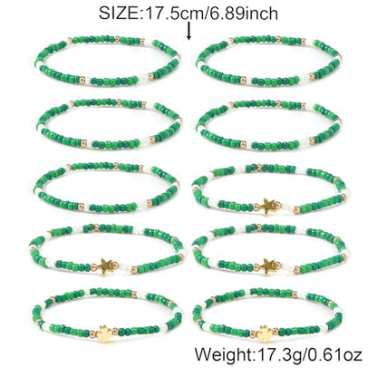 Gold Beaded Bracelets Stack for Women Stocking Stuffers 12PCS Boho Gold Plated Seed Beads Bracelet Stretch Star Stackable Accessories Jewelry Friendship Fall Christmas Gifts for Women - color: 10pcs- Green St.Patrick's Day Bracelet