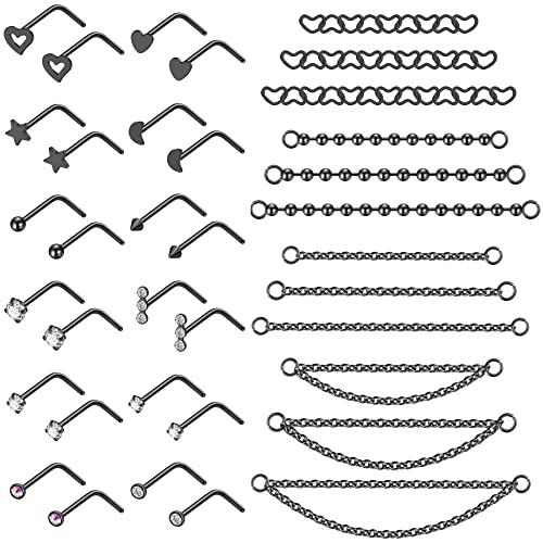 20G Stainlesss Steel Nose Rings Stud Nose Chain Piercing Across Double Nose Stud Womens Nostril Piercing Jewelry - color: L Shaped Black