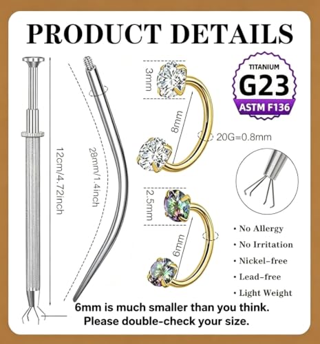 G23 Titanium Horseshoe Nose Ring 20G, 2 Pcs Double Gem Nose Ring for Women, 6mm 7mm 8mm Hypoallergenic Horseshoe Nose Rings Helix Tragus Earring Hoops Labret Lip Piercing Jewelry Small Septum Rings - color: 20G-6mm+8mm-2 Pcs Gold-White & Rainbow CZ