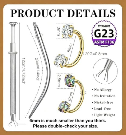 G23 Titanium Horseshoe Nose Ring 20G, 2 Pcs Double Gem Nose Ring for Women, 6mm 7mm 8mm Hypoallergenic Horseshoe Nose Rings Helix Tragus Earring Hoops Labret Lip Piercing Jewelry Small Septum Rings - color: 20G-6mm+8mm-2 Pcs Gold-White & Rainbow CZ