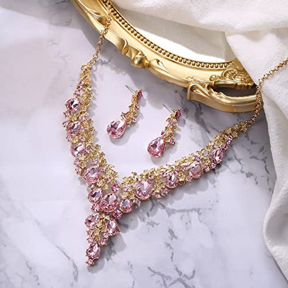 Wedding Bridal Necklace Earrings Jewelry Set for Women | Gorgeous Austrian Crystal Teardrop Flower Cluster for Bridal Bride Bridesmaid - color: 2Pcs-Pink Gold-Tone