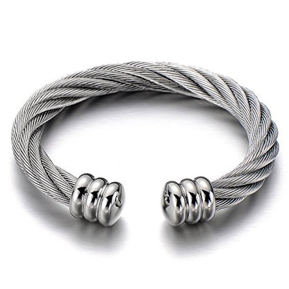 COOLSTEELANDBEYOND Large Elastic Adjustable Steel Twisted Wire Cuff Bangle Bracelet for Men Women - color: A-Metal Color: Silver