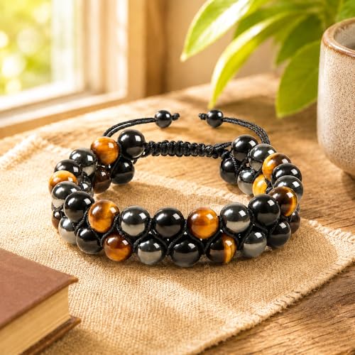 Triple Protection Bracelet for Men Women, Genuine Natural Stone Gemstone Beaded Bracelet, Tiger Eye Black Obsidian Hematite, Healing Crystal Jewelry for Protection, Grounding Energy, Gift-Ready Box