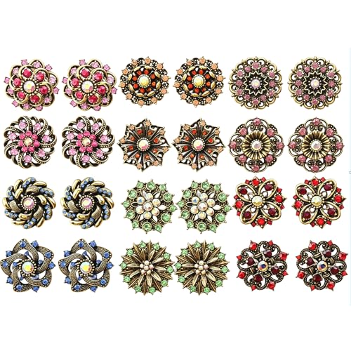 12Pcs Vintage Flower Brooches Set Crystal Rhinestone Brooches for Women Fashion Rhinestone Pins for Women DIY Bridal Wedding Bouquet Crafts - color: Vintage Multicolor 24Pcs