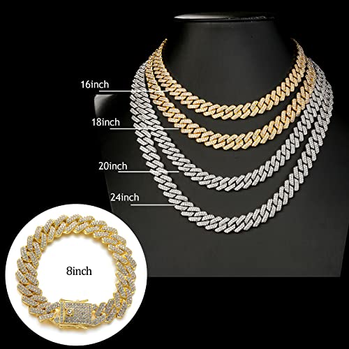JUNVirtuous 2 Pieces Cuban Link Chain Mens Iced Out Miami Cuban Necklace and Bracelet Silver Bling Diamond Hip Hop Jewelry for Men and Women… - color: Gold, style: 8" Bracelet and 18" Necklace