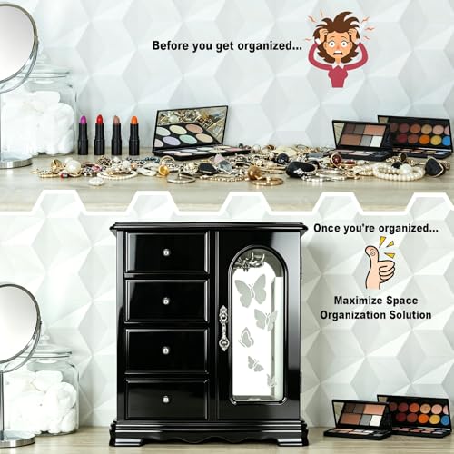 RR ROUND RICH DESIGN Solid Wood Jewelry Box Black | Large Organizer with 4 Drawers, Built-in Necklace Carousel & Large Mirror, - style: Fashion Black