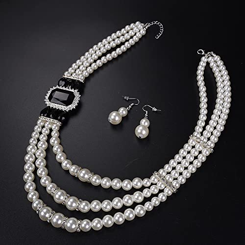 Aimimier 1920s 3-layered White Faux Pearl Necklace and Earrings Set with Crystal and Rhinestone Bridal Long Pearl Necklace Statement Women Jewelry - color: Black