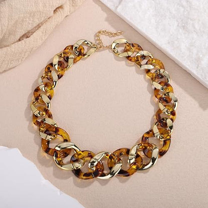 Punk Chunky Mixed Color Cuban Chain Necklace Acrylic Link Chain Lightweight Chain Curb Choker for Women - color: Leopard Print Gold