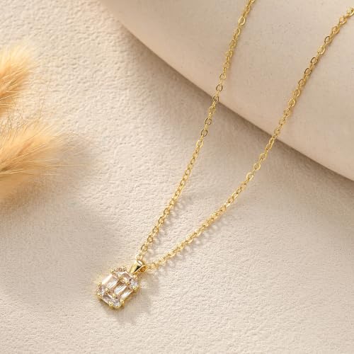 Gold Silver Necklace for Women, Dainty Cubic Zirconia Pendant | Teardrop CZ Charm, 14K Gold/Sterling Silver Plated, Adjustable Chain, Hypoallergenic & Waterproof Jewelry, Cute Trendy Gift - color: Gold-Baguette cut cz