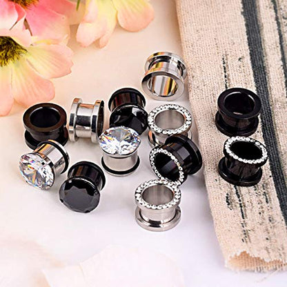 Longbeauty 12pcs Gorgeous Cubic Zirconia Tunnels 316L Stainless Steel Ear Gauges Earring Plugs for Ears Screw Fit Body Piercing Jewelry 4g-3/4 - color: Gauge=0g(8mm)