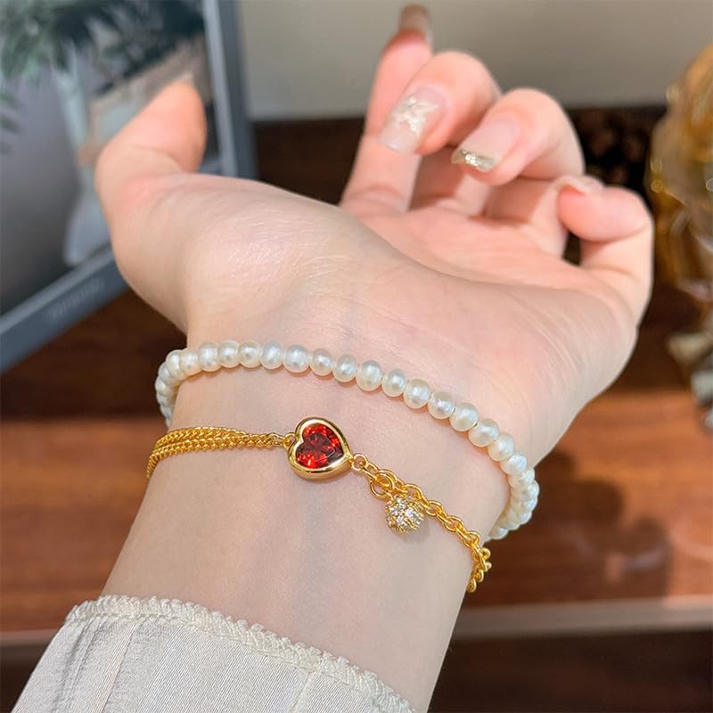 Gold Chain Hand Charm Heart Bracelet For Women Dainty Red Gemstone Charm Double Chain Bracelet Hypoallergenic Trendy Fashion Jewelry for Daily Wear