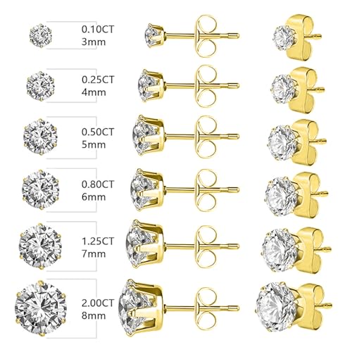 Stud Earrings Set, Round Clear Cubic Zirconia Ear Studs for Women and Men Sensitive Ears Stainless Steel CZ Earrings Hypoallergenic Cubic Zirconia Earrings Set Small Piercing Earring, 6 Pairs - color: Golden-6-claw