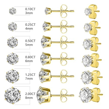 Stud Earrings Set, Round Clear Cubic Zirconia Ear Studs for Women and Men Sensitive Ears Stainless Steel CZ Earrings Hypoallergenic Cubic Zirconia Earrings Set Small Piercing Earring, 6 Pairs - color: Golden-6-claw