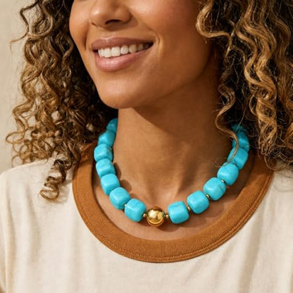 Mchic Colorful Beaded Choker Necklace for Women: Boho Large Square Acrylic Beaded Necklace Stainless Steel Adjustable Surfer Beach Strand Necklaces Summer Handmade Jewelry Gift for Women - color: Teal