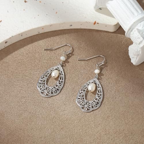Crysdue Simulated Pearl Earrings for Women, Dainty Silver/Gold/Rose Gold Plated Cubic Zirconia Drop Dangle Earrings Wedding Jewelry for Bride Bridesmaid - style: V_CZ+Pearl, Silver