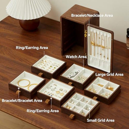 Black Walnut Solid Wood Cabinet Jewelry Box, Large | Women, Velvet Lined Organizer, 6 Drawers, Cherry Wood Cat Inlays, Rosewood Handles - size: cat