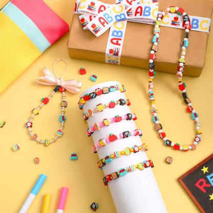 300Pcs Back to School Clay Beads Teacher Beads for Bracelets | Polymer Clay, Back to School Teacher Beads,DIY Bracelet Necklace Crafting,Classroom Activities Appreciation Gifts - color: School Color