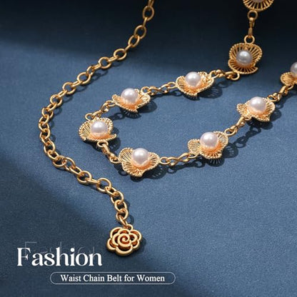 Chain Belt for Women Fashion Metal Waist Chain Belt for Dress Jeans - size: Fit Waist Up to 35'', style: Gold-pearl