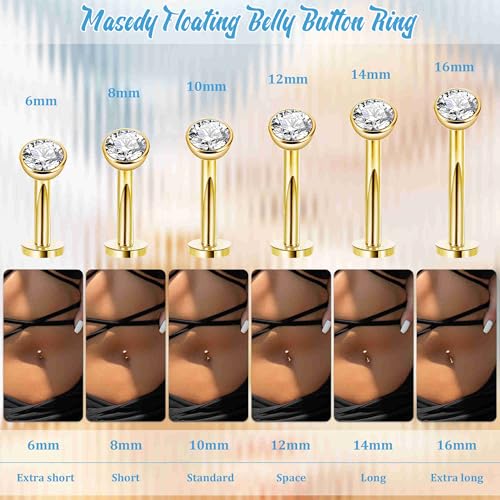 3PCS 14G Surgical Steel Floating Belly Button Ring for Women Petite Belly Rings CZ Opal Flat Back Small Navel Ring with 3PCS Replacement Balls Internally Threaded Tiny Belly Piercing 6-16MM - color: Gold, size: 16mm（Very Long)