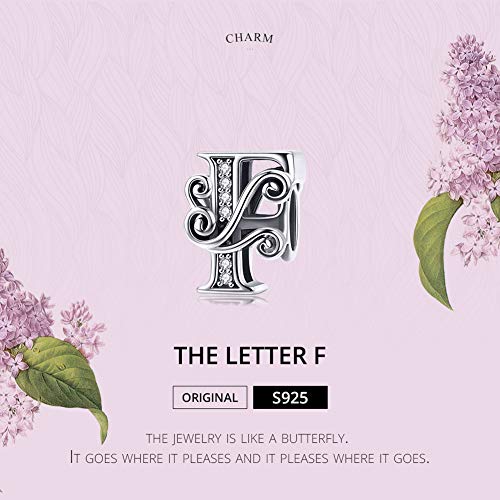 BISAER 925 Sterling Silver Initial Letter A-Z Charms for Bracelets Alphabet Beads Charm Jewelry Gifts - color: Letter F