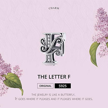 BISAER 925 Sterling Silver Initial Letter A-Z Charms for Bracelets Alphabet Beads Charm Jewelry Gifts - color: Letter F