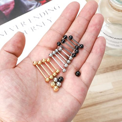 NEWITIN 48 Pieces 14G Stainless Steel Nipple Tongue Rings for Women Men | Hypoallergenic, Straight Barbells Piercing Jewelry Set, Silver Black Gold Bridge Piercings, Bar L 12-18mm, Ball Sz 5mm 6mm