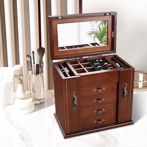 Large Wooden Jewelry Box with Built-in Mirror, 5 Drawers Jewelry Case with Side Organizer, Watches Necklace Ring Storage Box for Women