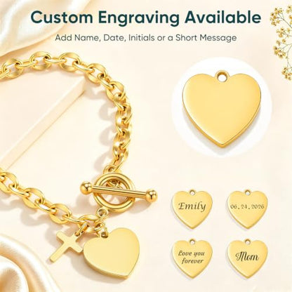 Gamtic Personalized Charm Bracelet for Women, Gold Bracelet with Cross Heart Charms, Bible Verse Christian Bracelet, Custom Engraved Stainless Steel Ot Clasp Bracelet, Faith Gifts Jewelry for Her - color: Custom Both Sides