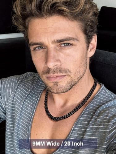 Bandmax Men's Premium Solid Stainless Steel Miami Cuban Link Chain Necklace | Waterproof Tarnish Resistant Chain, Silver Finish/Gold/Black Plated, Easy-open Clasp, 5/7/9/12MM, 18-30 Inches, With Gift Box - color: 09 9MM-Black Plated, size: 20 Inch (51cm)