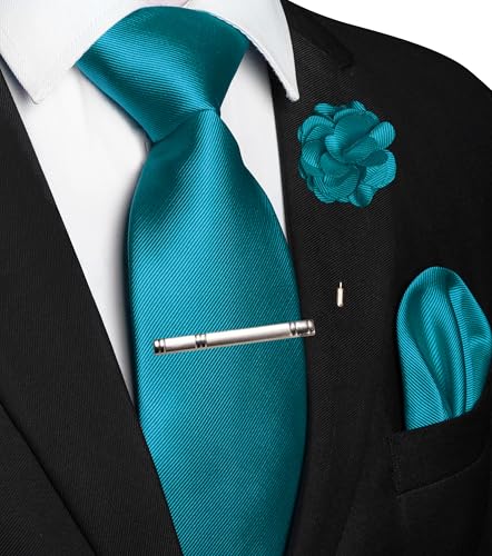 JEMYGINS Formal Necktie Solid Color Tie and Pocket Square with Tie Clip Lapel Pin Sets for Men 4PCS - color: Teal Blue