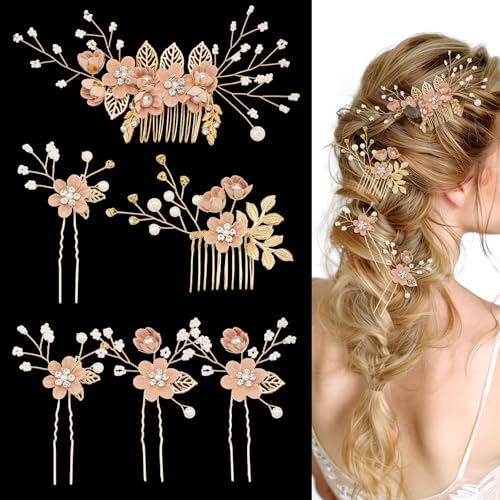 6 Pcs Bridal Hair Accessories French Hair Side Combs and Hair Pins,Gold Wedding Jewelry Headpiece with Rhinestone for Brides Bridesmaids Women Girls(Pink Flower） - color: Pink