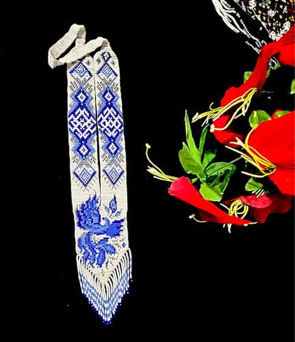 Long Beaded Necklace – Boho Native Handmade Seed Bead Tassel Necklace, Bohemian Large Statement Beaded Necklace for Women - color: White Royale Blue