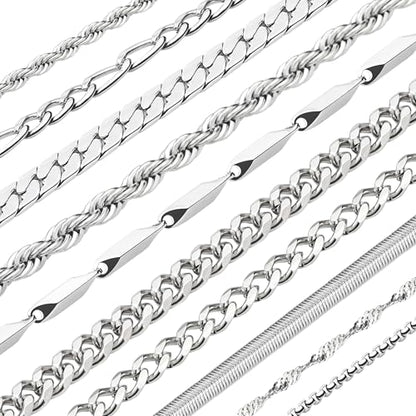 10 Pcs Chains for Men Silver Necklace Stackable Stainless Steel Chains Set Mens Jewelry Set Cross Cuban Link Figaro Chain
