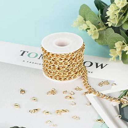 16.4 Feet Twisted Curb Chain Links Gold Plated Aluminum Bracelet Necklace Chain Bulk for DIY Craft Jewelry Making with Lobster Clasps and Jump Rings - color: 7×10mm-Gold