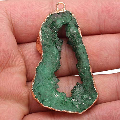 LE SKY natural stone pendant irregular plated gold edge druzy green crystal agate stone pendant for jewelry making DIY necklace charms 25X30-35X45mm (2 Pcs) - color: green