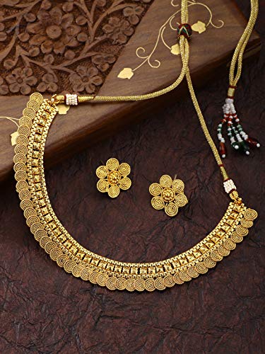 Aheli Bollywood Traditional Gold Tone Short Necklace Earrings Jewelry Set Gift for Women Wedding Party Ethnic Fashion Wear - color: Gold 5