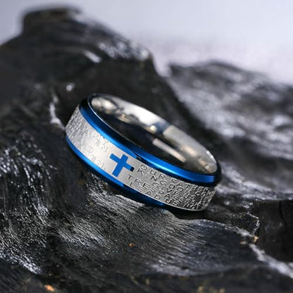 King Will Stainless Steel Men Ring Lord's Prayer Cross Ring Stainless Steel Men Wedding Ring, Wedding Band Bible Engraved Rings High Polished, Comfort Fit | 8mm, Gold/Silver/Black Wedding Band, Bible Engraved Rings, High Polished, Comfort Fit, Size 7-14 -