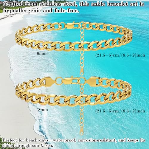 2PCS Ankle Bracelets for Women - Gold/Silver Plated Stainless Steel Anklets Set - Waterproof Layered Cuban Link Chain Anklet Bracelet Summer Beach Foot Jewelry Gifts for Women - color: Style 1-Gold
