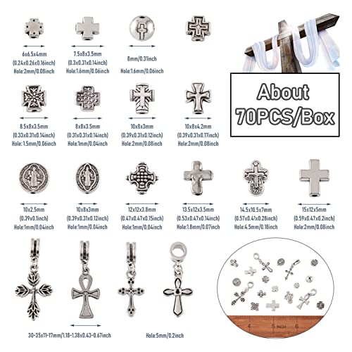 Craftdady 70pcs Tibetan Silver Crucifix Cross Beads Metal Cross Spacer Charms for Jewelry Crafts Making Hole: 1-2mm - color: 14 Style, 70pcs, Antique Silver